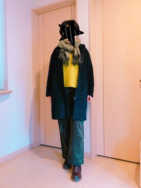 「イエローコーデ」｜「アイテム（ノーカラージャケット）」を使った、KOALAMAMAさん（レディース・163cm）の冬コーディネート