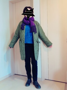 「ブルーニット」｜「アイテム（ノーカラージャケット）」を使った、KOALAMAMAさん（レディース・163cm）の冬コーディネート