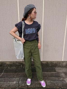 「袖フリル」｜「アイテム（ハンチング/ベレー帽）」を使った、ｅｒａさん（レディース・158cm）の夏コーディネート