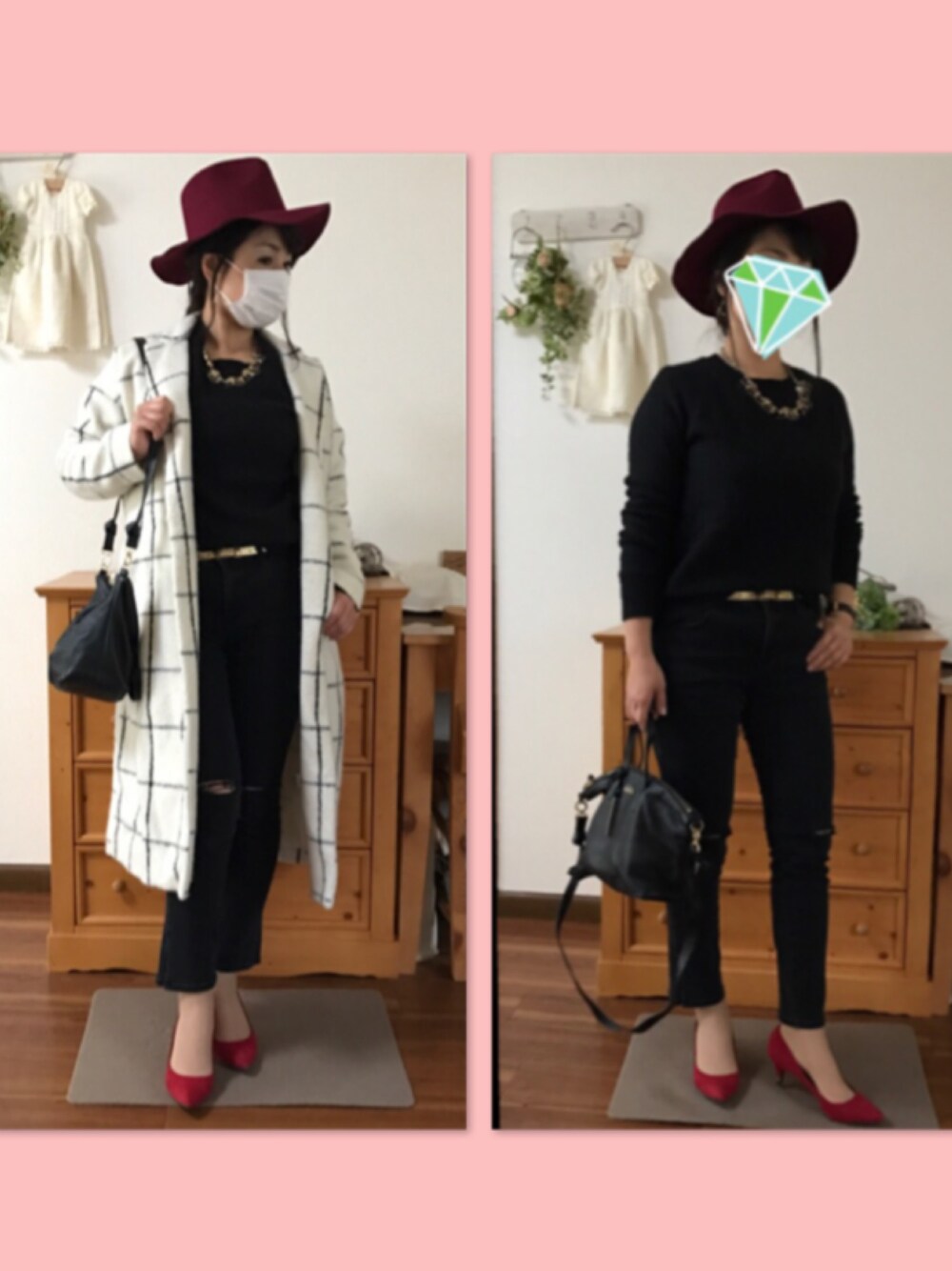 ホワイト系のチェスターコート、レッド系のパンプス、ブラック系のショルダーバッグを着用したレディースの冬コーディネートの1枚目の写真