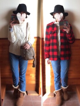 「アイテム（カバーオール、レッド系）」を使った、えまみーさん（レディース・171cm）の冬コーディネート