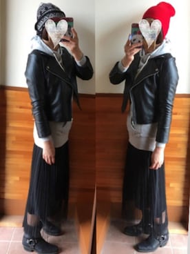 「CIAOPANIC TYPY（チャオパニックティピー）のアイテム（ライダースジャケット）」を使った、えまみーさん（レディース・171cm）の冬コーディネート