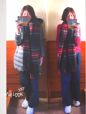 「Glen Prince（グレンプリンス）の【JJ11月号掲載】【Glen Prince/ グレンプリンス】チェックストール（ストール/ショール）」を使った、えまみーさん（レディース・171cm）の冬コーディネート