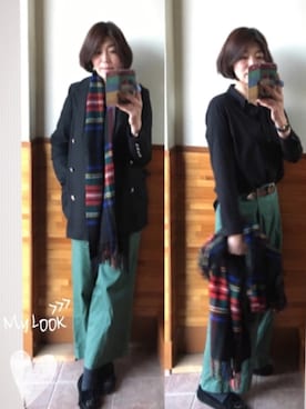 「タータンチェック」｜「アイテム（ピーコート）」を使った、えまみーさん（レディース・171cm）の冬コーディネート