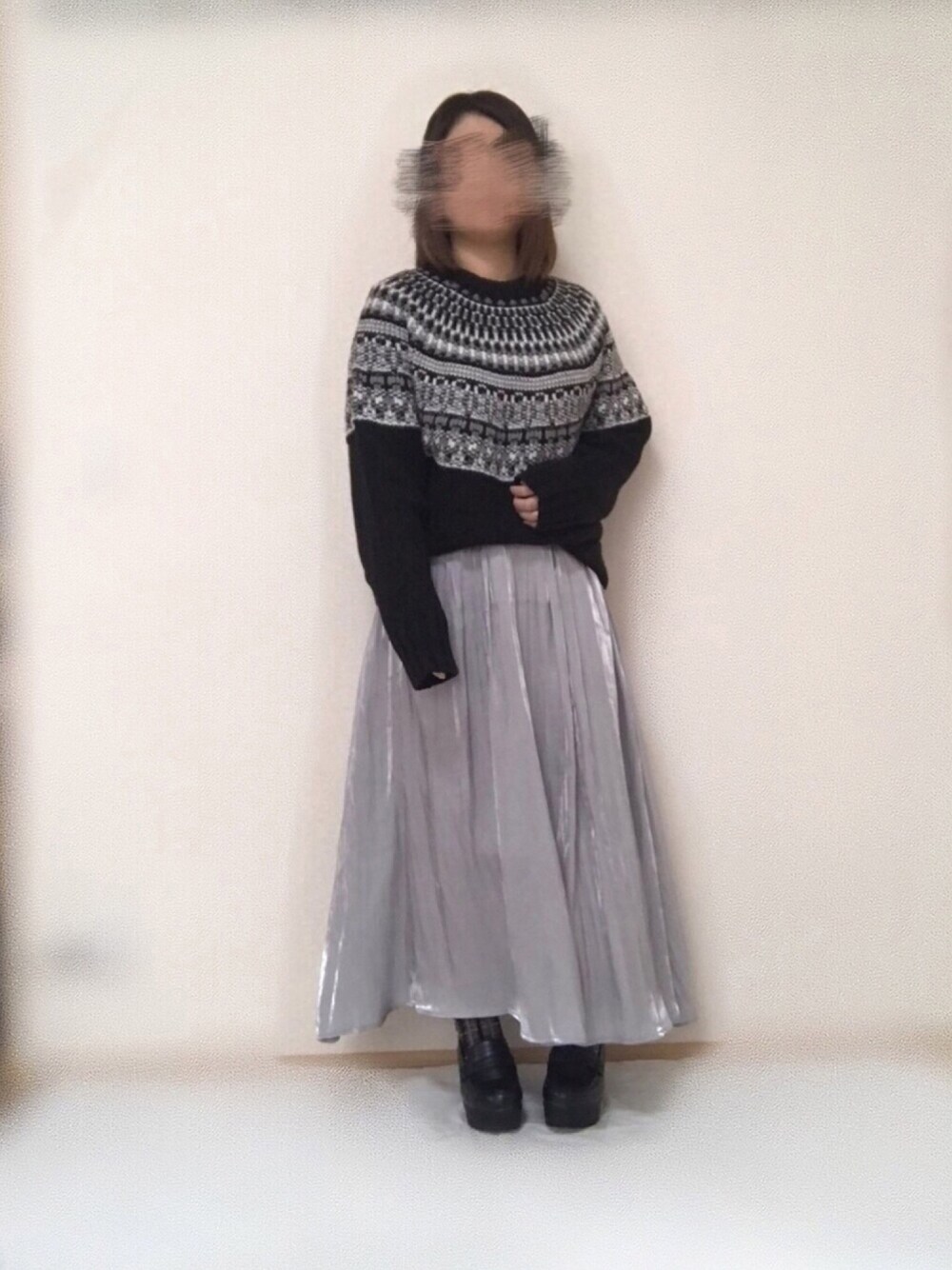 「低身長、プチプラ、しまむら、GU、シンプル、シンプルイズベスト☺︎︎︎︎、ニット、ノルディック柄、スカート」｜「GUのアイテム（ニット/セーター、ブラック系）」を使った、maru☺︎さん（レディース・152cm）の冬コーディネートの1枚目の写真