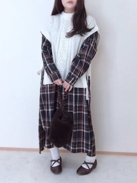 「チェックワンピース」｜「アイテム（その他雑貨）」を使った、maru☺︎さん（レディース・153cm）の冬コーディネート
