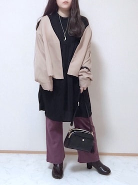 「ロングシャツ」｜「アイテム（ノーカラージャケット）」を使った、maru☺︎さん（レディース・153cm）の冬コーディネート