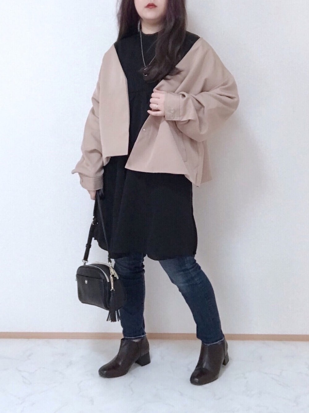 「春アウター、春コーデ、淡色コーデ、ノーカラージャケット、プチプラ、プチプラコーデ、デニム、休日スタイル、低身長、チョコ色に染まれ」｜「ap retroのノーカラーオーバージャケット【ZOZOTOWN限定商品】（ノーカラージャケット、ベージュ系）」を使った、maru☺︎さん（レディース・153cm）の冬コーディネートの1枚目の写真