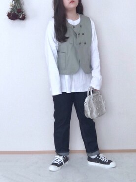 「ZOZO（ゾゾ）のスリムテーパードデニムパンツ［WOMEN］（デニムパンツ）」を使った、maru☺︎さん（レディース・153cm）の春コーディネート