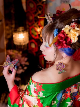 「アイテム（浴衣、グリーン系）」を使った、めーたん。さん（レディース・152cm）の冬コーディネート