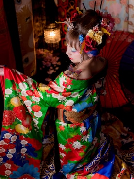 「アイテム（浴衣、グリーン系）」を使った、めーたん。さん（レディース・152cm）の冬コーディネート