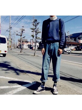 「UNIQLO（ユニクロ）のアイテム（Tシャツ/カットソー、ブルー系）」を使った、是十一颗葡萄-さん（メンズ・178cm）の春コーディネート
