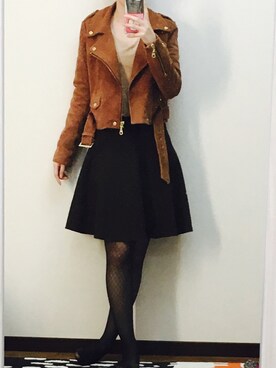「アイテム（ライダースジャケット）」を使った、なーちゃんさん（レディース・163cm・20代）の冬コーディネート