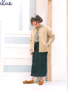 「Samansa Mos2 blue（サマンサモスモスブルー）のアイテム（ノーカラージャケット）」を使った、ヨシムラさん（レディース・161cm）の春コーディネート