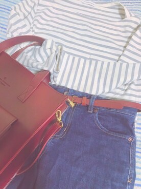 「アイテム（トートバッグ、レッド系）」を使った、Saki さん（レディース・161cm）の春コーディネート