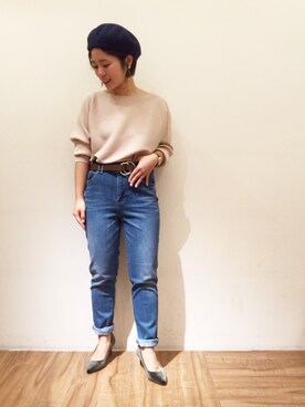 「ハイウエストパンツ」｜「アイテム（ハンチング/ベレー帽）」を使った、chiaさん（レディース・150cm）の冬コーディネート