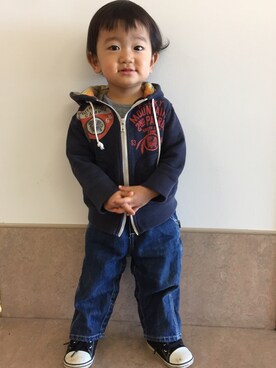 「コンバース ハイカット」｜「アイテム（オールインワン・サロペット）」を使った、keiさん（キッズ・90cm）の冬コーディネート