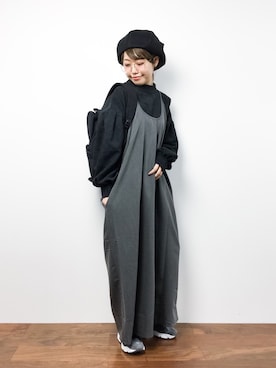 「黒リュック」｜「アイテム（ハンチング/ベレー帽）」を使った、konabeさん（レディース・153cm）の冬コーディネート