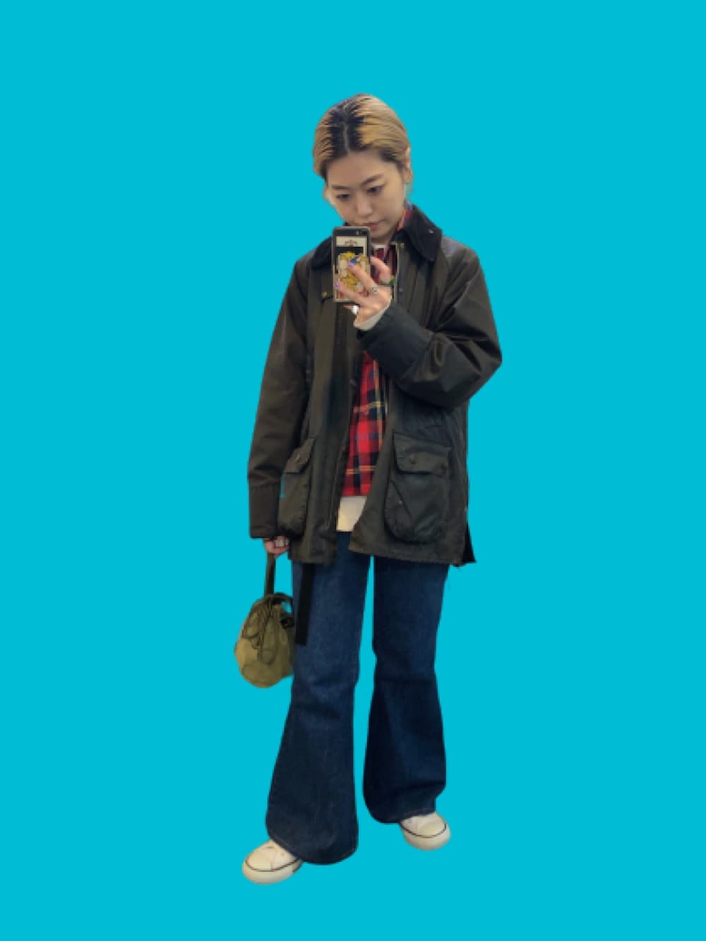 「春、大人カジュアル、雨の日コーデ、低身長コーデ、フレアパンツ、デニムパンツ、巾着バッグ、オイルドジャケット、古着MIX、メンズライク」｜「BarbourのBarbour　BEDALE SL（その他アウター、ブラック系）」を使った、konabeさん（レディース・153cm）の春コーディネートの1枚目の写真