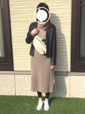 「AS KNOW AS PINKY（アズノゥアズピンキー）のアイテム（ライダースジャケット）」を使った、Miyu＆ Hito さん（レディース・163cm）の冬コーディネート