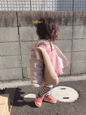 「kids」｜「アイテム（ノーカラージャケット）」を使った、𝙷___𝙺さん（キッズ・80cm）の冬コーディネート