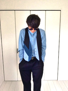 「THREE BLIND MICE（スリーブラインドマイス）のアイテム（トップス）」を使った、新岡久信さん（メンズ・178cm）の夏コーディネート
