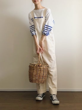 「バスクシャツ」｜「アイテム（オールインワン・サロペット）」を使った、あさこさん（レディース・164cm）の夏コーディネート
