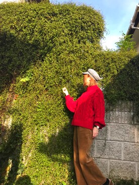 「GU（ジーユー）のアイテム（ニット/セーター、レッド系）」を使った、Lana☆さん（レディース・165cm）の秋コーディネート