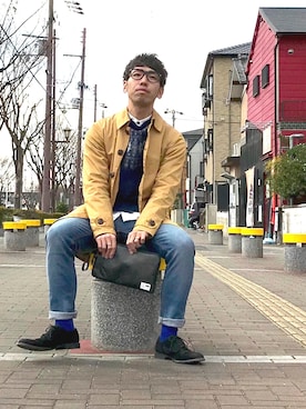 「ブルーコーデ」｜「アイテム（ステンカラーコート）」を使った、ともあき®さん（メンズ・167cm）の冬コーディネート