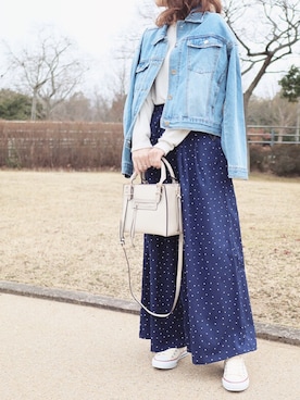 「ドットパンツ」｜「アイテム（デニムジャケット）」を使った、machouroiさん（レディース・160cm）の冬コーディネート