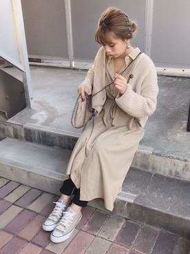 「レギンス」｜「アイテム（シャツワンピース、ベージュ系）」を使った、CANAさん（レディース・162cm）の秋コーディネート