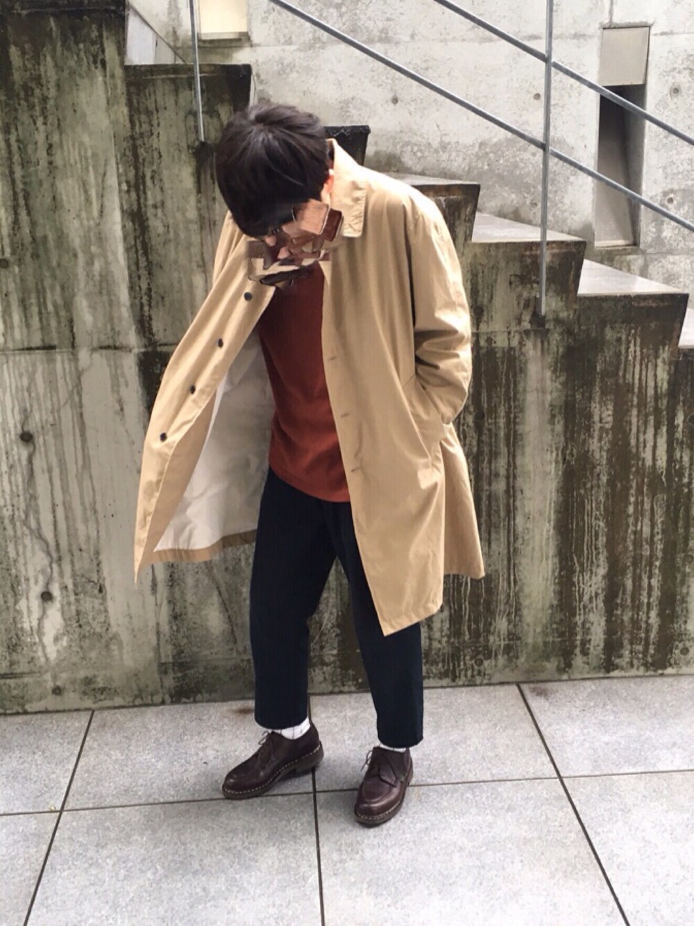 「秋コーデ、秋色、STILL BY HAND、Paraboot、シンプルコーデ、UNIQLO、無印良品、大人カジュアル、雨の日コーデ、パンツスタイル」｜「Parabootの◇PARABOOT CHAMBORD / パラブーツ シャンボード（ブーツ、ブラウン系）」を使った、ハマデ@ファッションさん（メンズ・194cm）の秋コーディネートの1枚目の写真