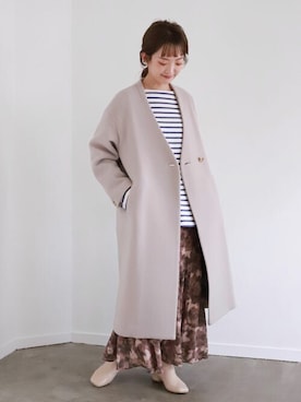 「柄×柄」｜「アイテム（ノーカラーコート）」を使った、ayumiさん（レディース・159cm）の秋コーディネート