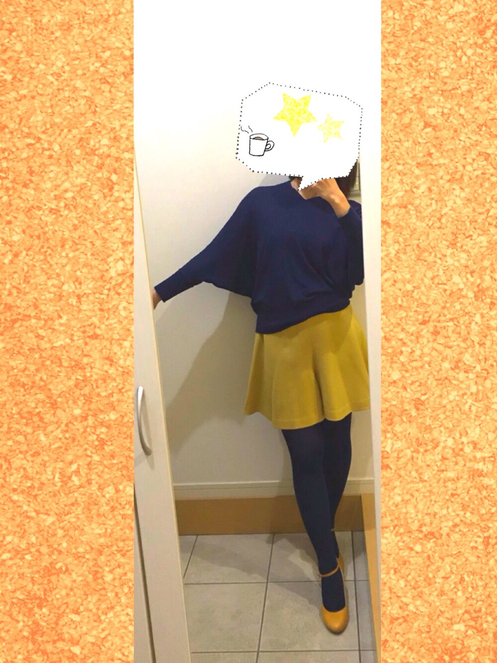 「銀座かねまつのアイテム（パンプス、オレンジ系）」を使った、miさん（レディース・158cm）の秋コーディネートの1枚目の写真