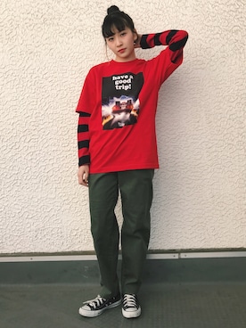 「アイテム（デニムパンツ、グリーン系）」を使った、庄司彩夏さん（レディース・159cm）の冬コーディネート