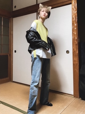 「ニットベスト」｜「アイテム（ライダースジャケット）」を使った、pankichi🙈さん（レディース・157cm）の冬コーディネート