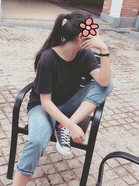 「H&M（エイチ・アンド・エム）のアイテム（Tシャツ/カットソー、ブラック系）」を使った、monkeylauさん（レディース）の秋コーディネート