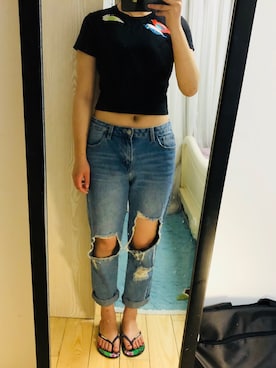 「cache cache（カシュ カシュ）のアイテム（デニムパンツ）」を使った、陈rainbow啦啦啦さん（レディース・165cm）の夏コーディネート