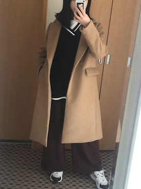 「ブラウン×ブラック」｜「アイテム（チェスターコート）」を使った、momo∨̈さん（レディース・159cm）の冬コーディネート