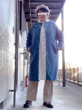 「シャツワンピ」｜「アイテム（ノーカラーコート）」を使った、makiponさん（レディース・157cm）の冬コーディネート