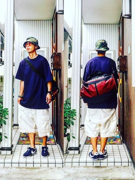 「アイテム（ボストンバッグ、レッド系）」を使った、Dragon相馬さん（メンズ・174cm）の夏コーディネート