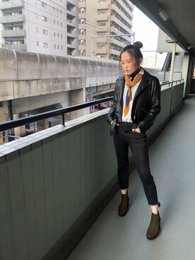 「ZARA（ザラ）のアイテム（ライダースジャケット、ブラック系）」を使った、ショウショウさん（レディース・168cm）の秋コーディネート