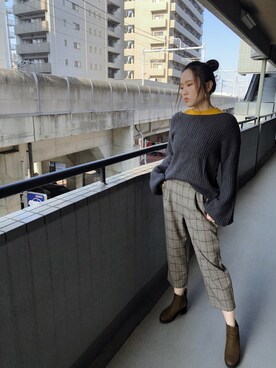 「GU（ジーユー）のアイテム（ニット/セーター、イエロー系）」を使った、ショウショウさん（レディース・168cm）の秋コーディネート