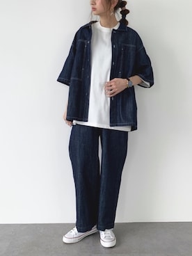 「CRAFT STANDARD BOUTIQUE（クラフトスタンダードブティック）の綿麻デニムシャツ　＊（シャツ/ブラウス、ブルー系）」を使った、くろさんさん（レディース・163cm）の秋コーディネート