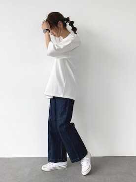 「CRAFT STANDARD BOUTIQUE（クラフトスタンダードブティック）のプレーティングビックTEE　＊（Tシャツ/カットソー、ホワイト系）」を使った、くろさんさん（レディース・163cm）の秋コーディネート