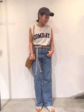 「CANAL JEAN（キャナルジーン）のfrom Lagoon(フロムラグーン) クロスレザーサンダル（サンダル）」を使った、ゆいこさん（レディース・158cm）の夏コーディネート
