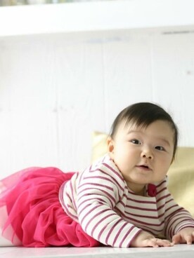 「PETIT BATEAU（プチバトー）のアイテム（ワンピース、ピンク系）」を使った、ゆーみんさん（キッズ・80cm）の冬コーディネート