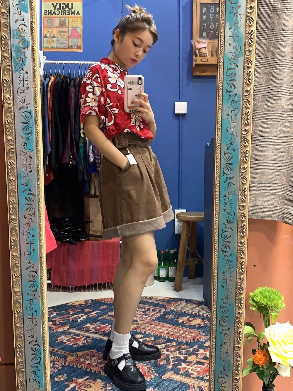 「hawaii shirt、red、VINTAGE」｜「VINTAGEのアイテム（シャツ/ブラウス、レッド系）」を使った、BLAIRさん（レディース・155cm）の春コーディネートの1枚目の写真