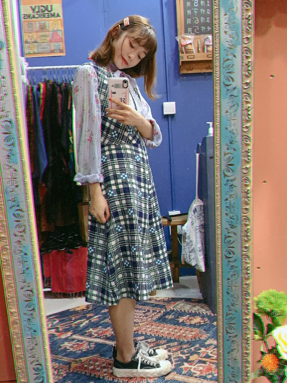 「checker、blue、vintage、dress」｜「VINTAGEのアイテム（ジャンパースカート、ブルー系）」を使った、BLAIRさん（レディース・155cm）の春コーディネートの1枚目の写真