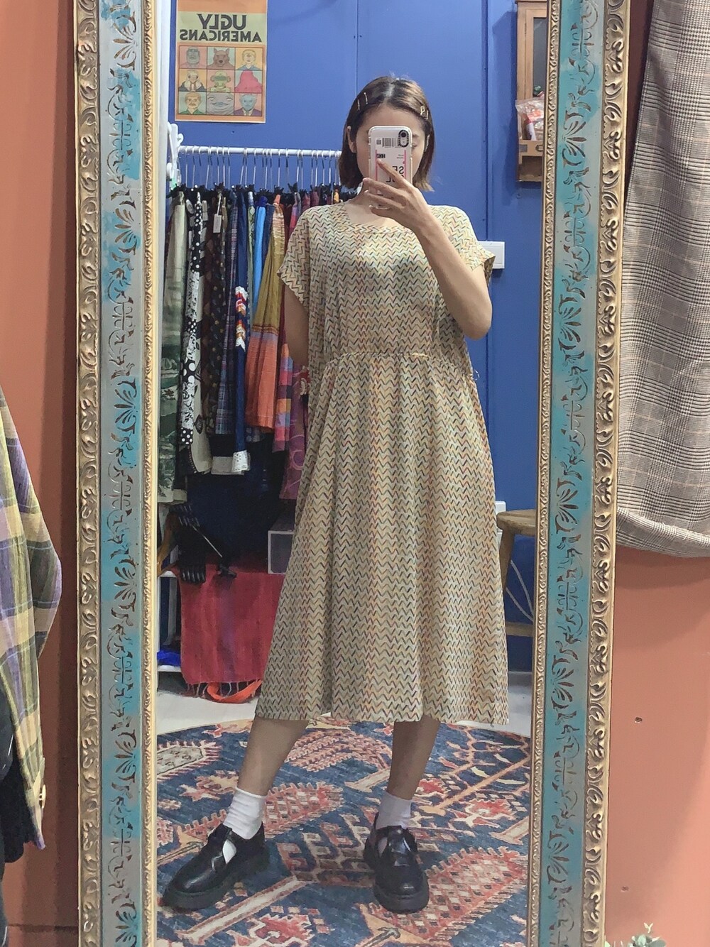 「wave、yellowdress」｜「VINTAGEのアイテム（ワンピース、イエロー系）」を使った、BLAIRさん（レディース・155cm）の春コーディネートの1枚目の写真